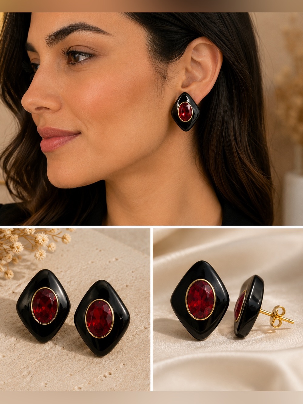 Chic Black and Red Gemstone Earrings